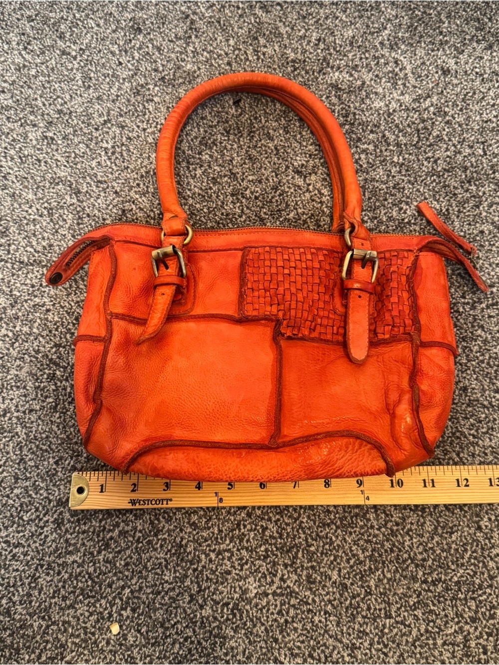 Mary Frances Orange Leather Handbag Woven Patchwork Satchel Purse Boho - Picture 8 of 10
